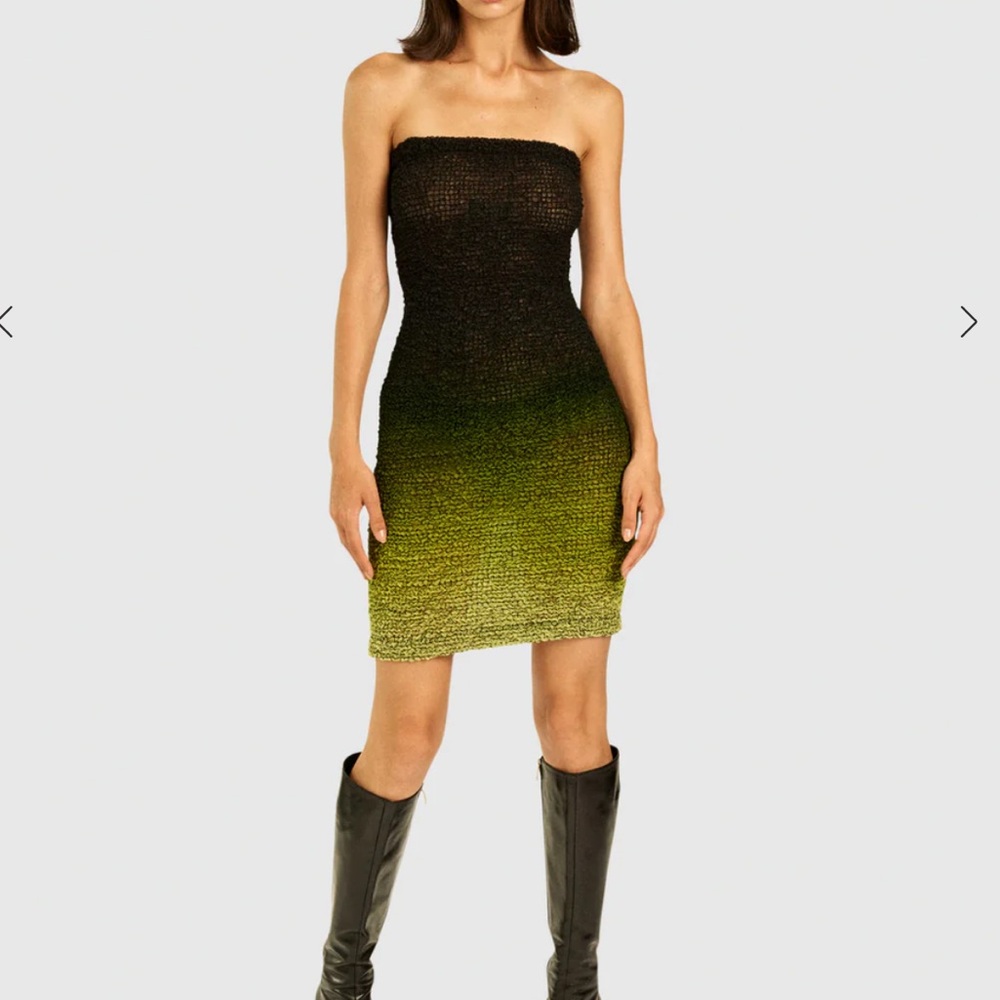 NWT HANNE BLOCH Silk Scrunch Tube Dress Black and Lime Green